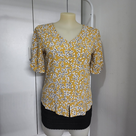 Aus12 Jacqui E Yellow White Floral Front Button Up Short Sleeve Blouse - Picture 16 of 16